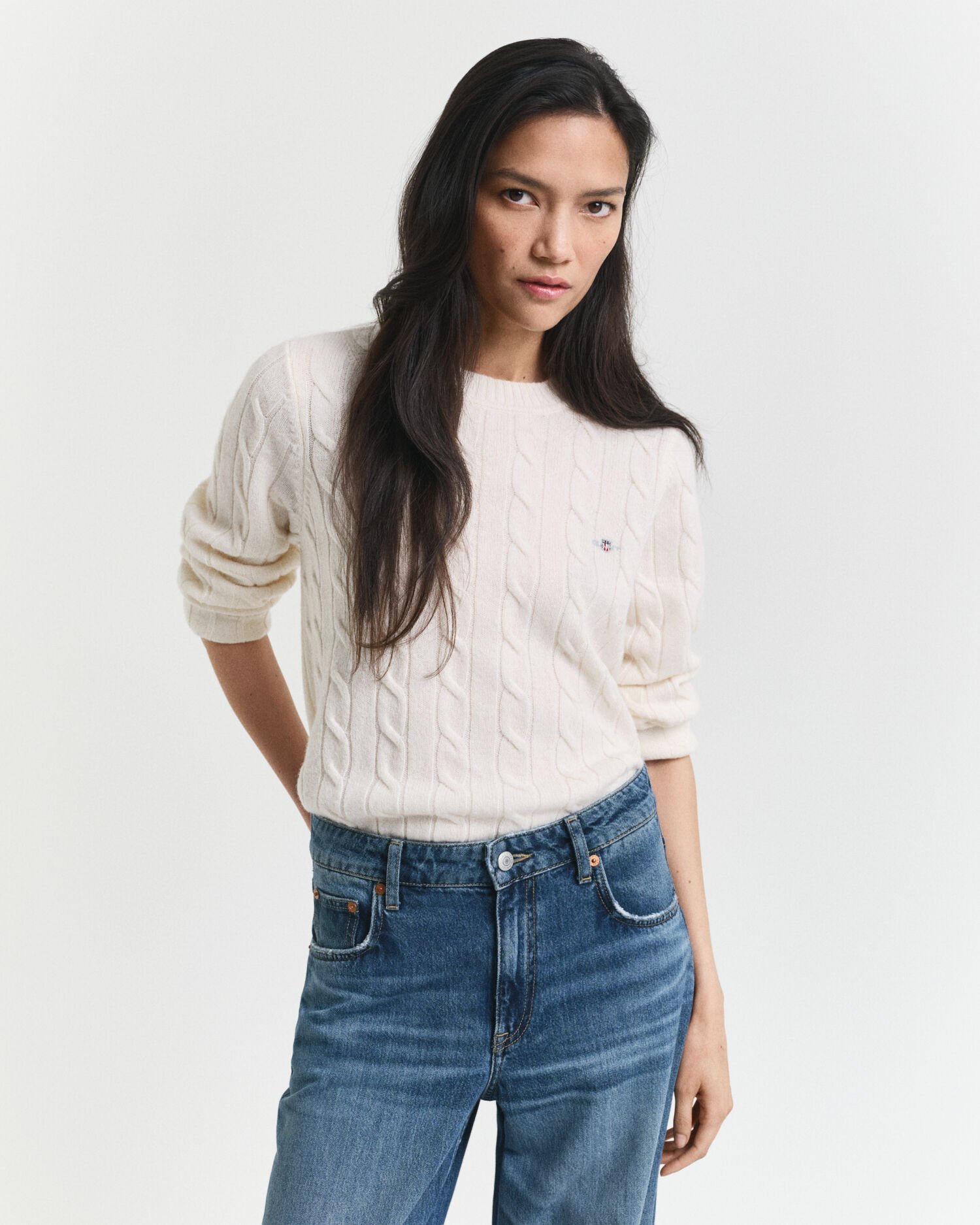 Lamswollen kabeltrui met ronde hals