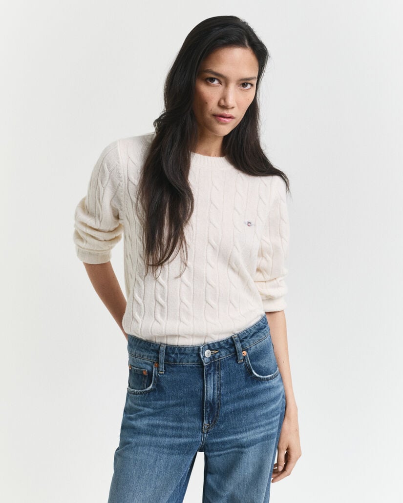 Lamswollen kabeltrui met ronde hals