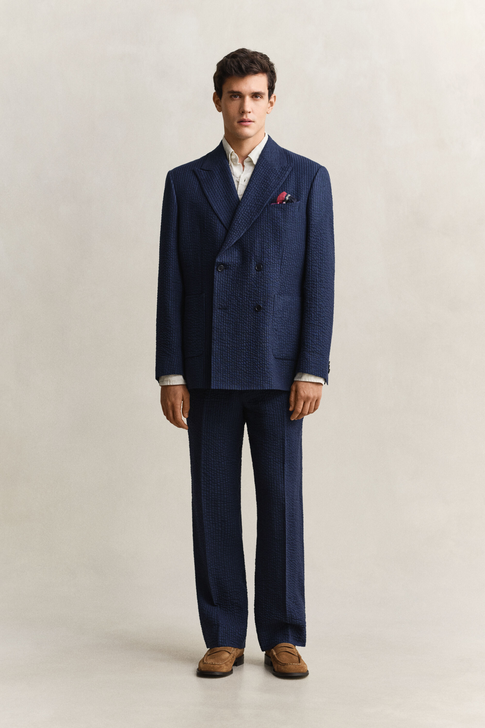 Indigoblauw seersucker kostuumjasje