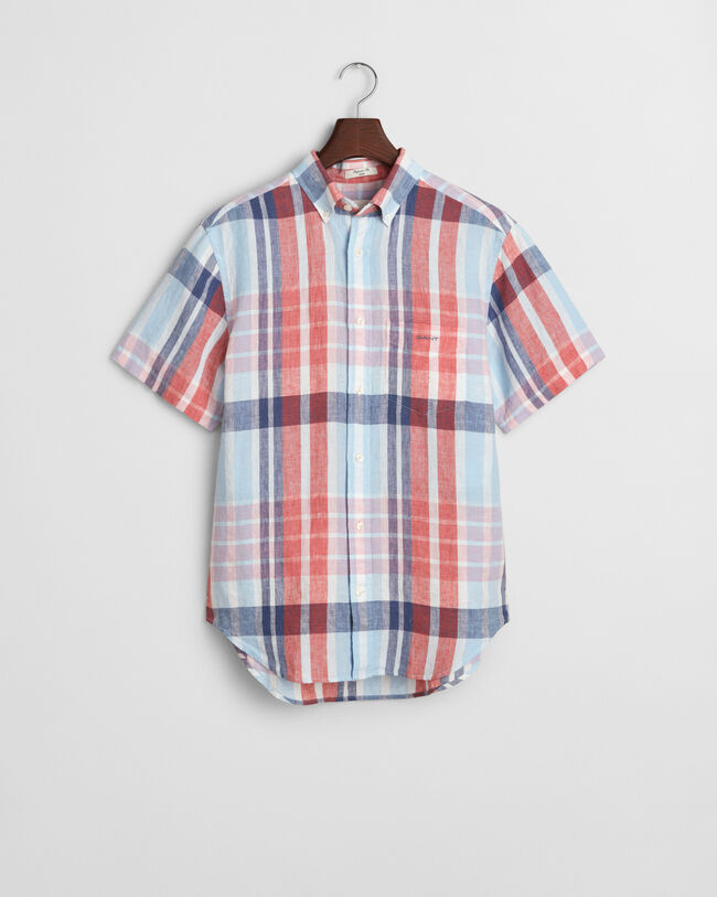 Regular Fit linnen overhemd met korte mouwen en madrasruit