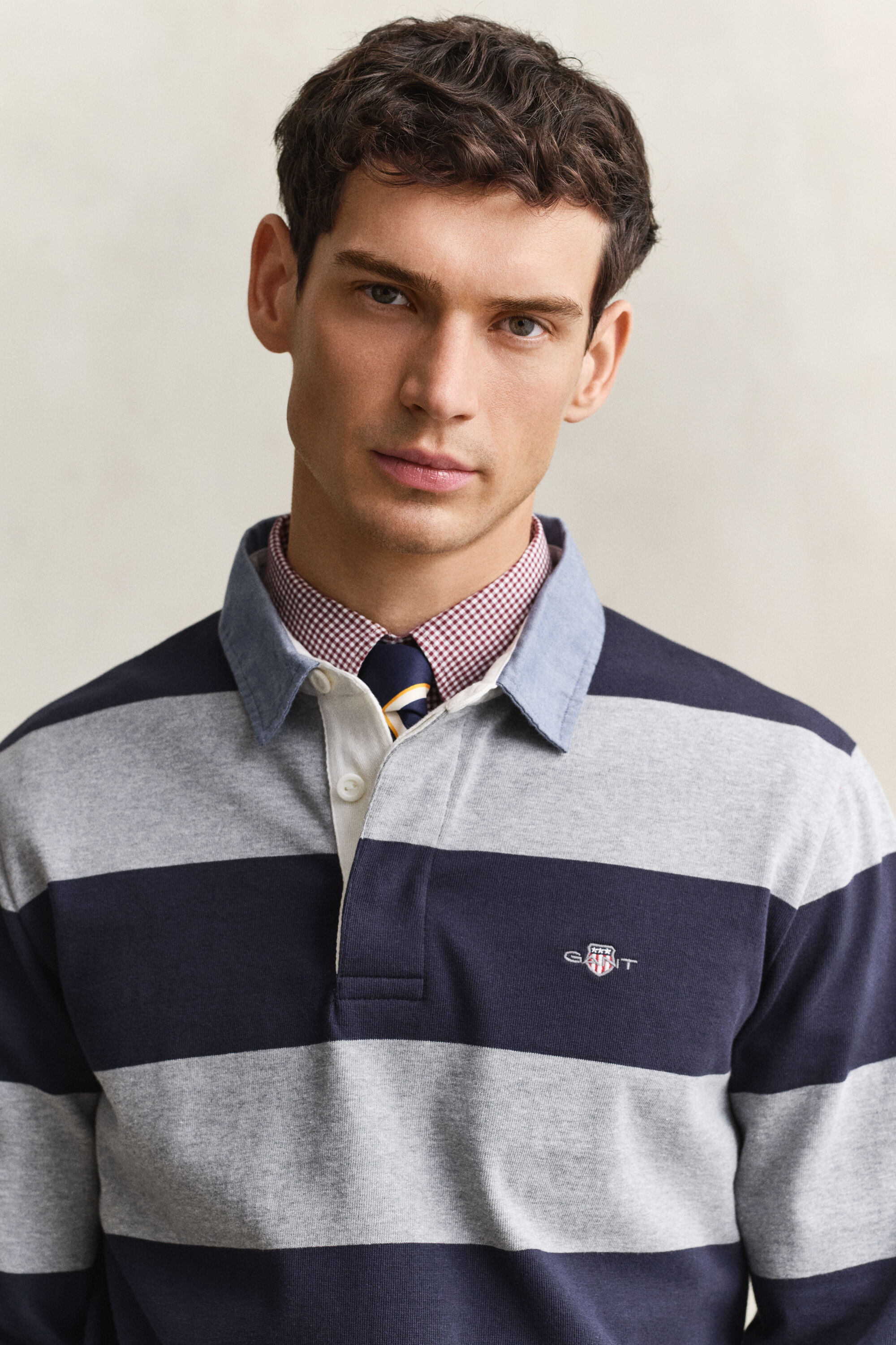 Gestreepte Heavy Rugger met chambray kraag