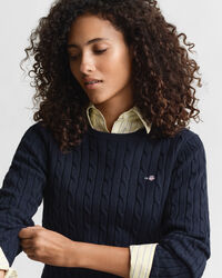 Gebreide kabeltrui met ronde hals van stretchkatoen