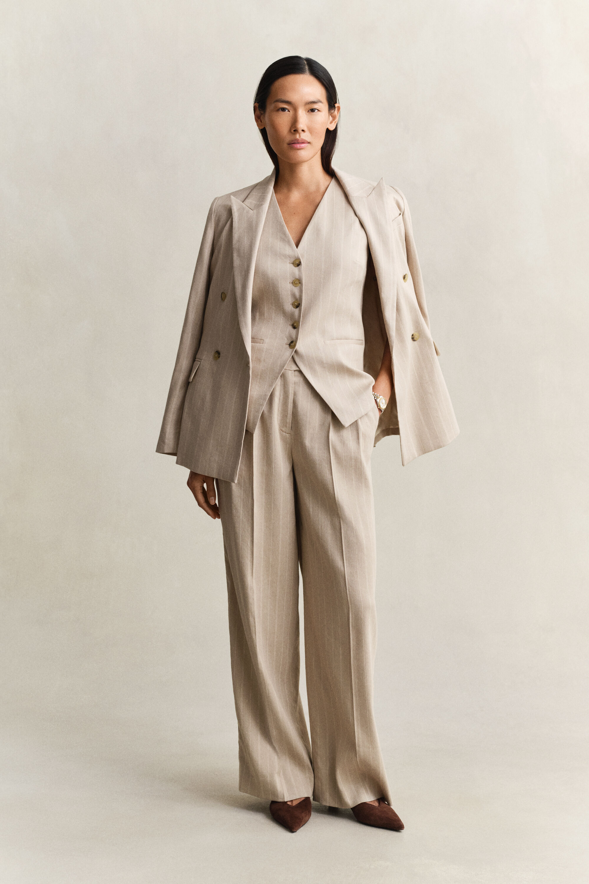 Krijtstreepgilet van linnenmix