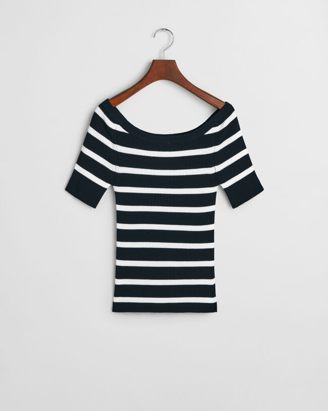 Gestreepte ribgebreide off-shoulder top