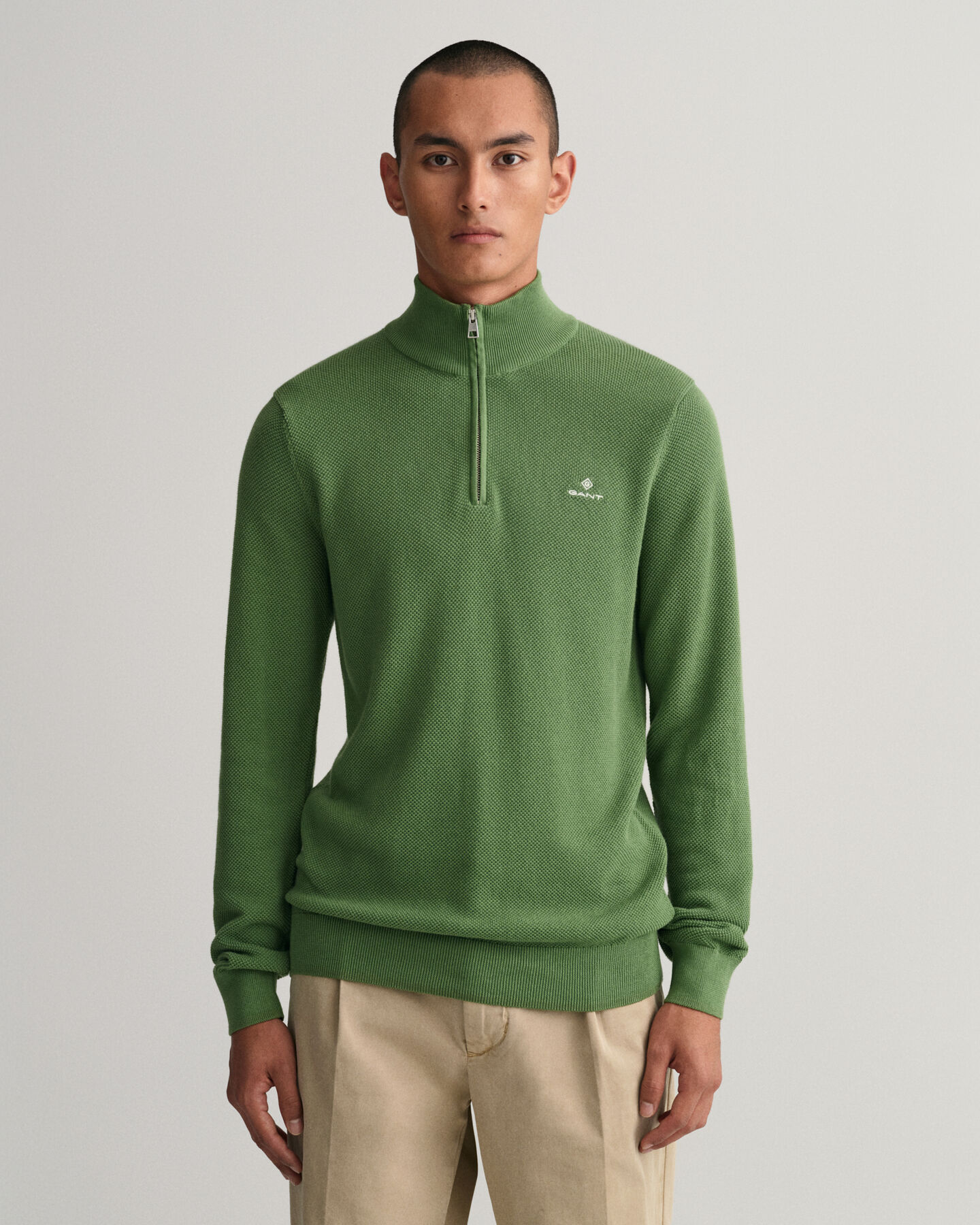 Sweater van katoenpiqu&eacute; met korte rits