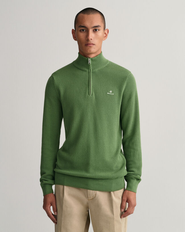 Sweater van katoenpiqu&eacute; met korte rits