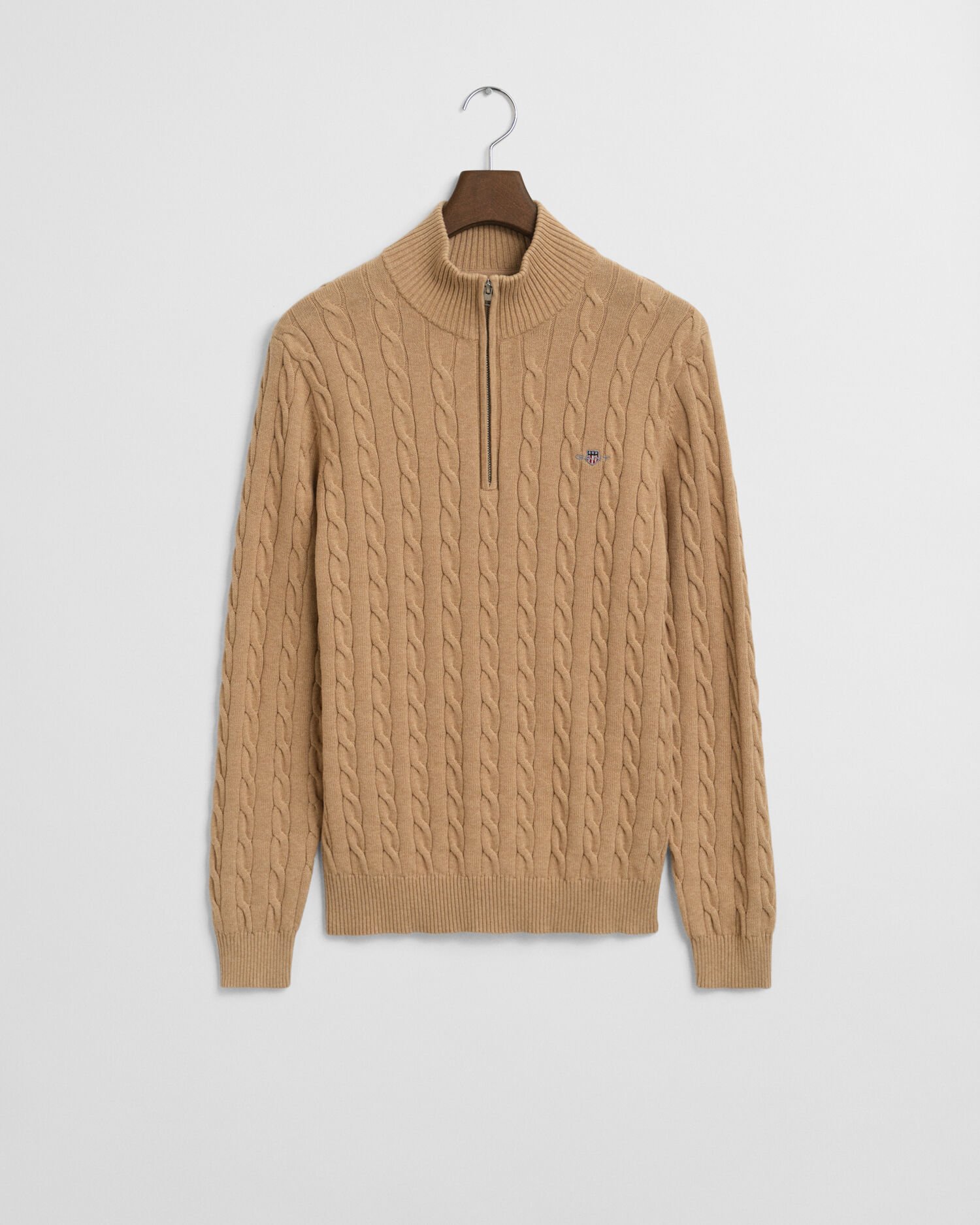 Kabelgebreide trui met korte rit van katoen