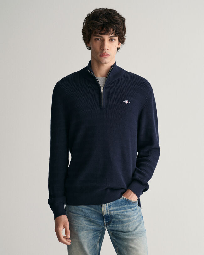 Gestreepte katoenen trui met textuur en korte rits