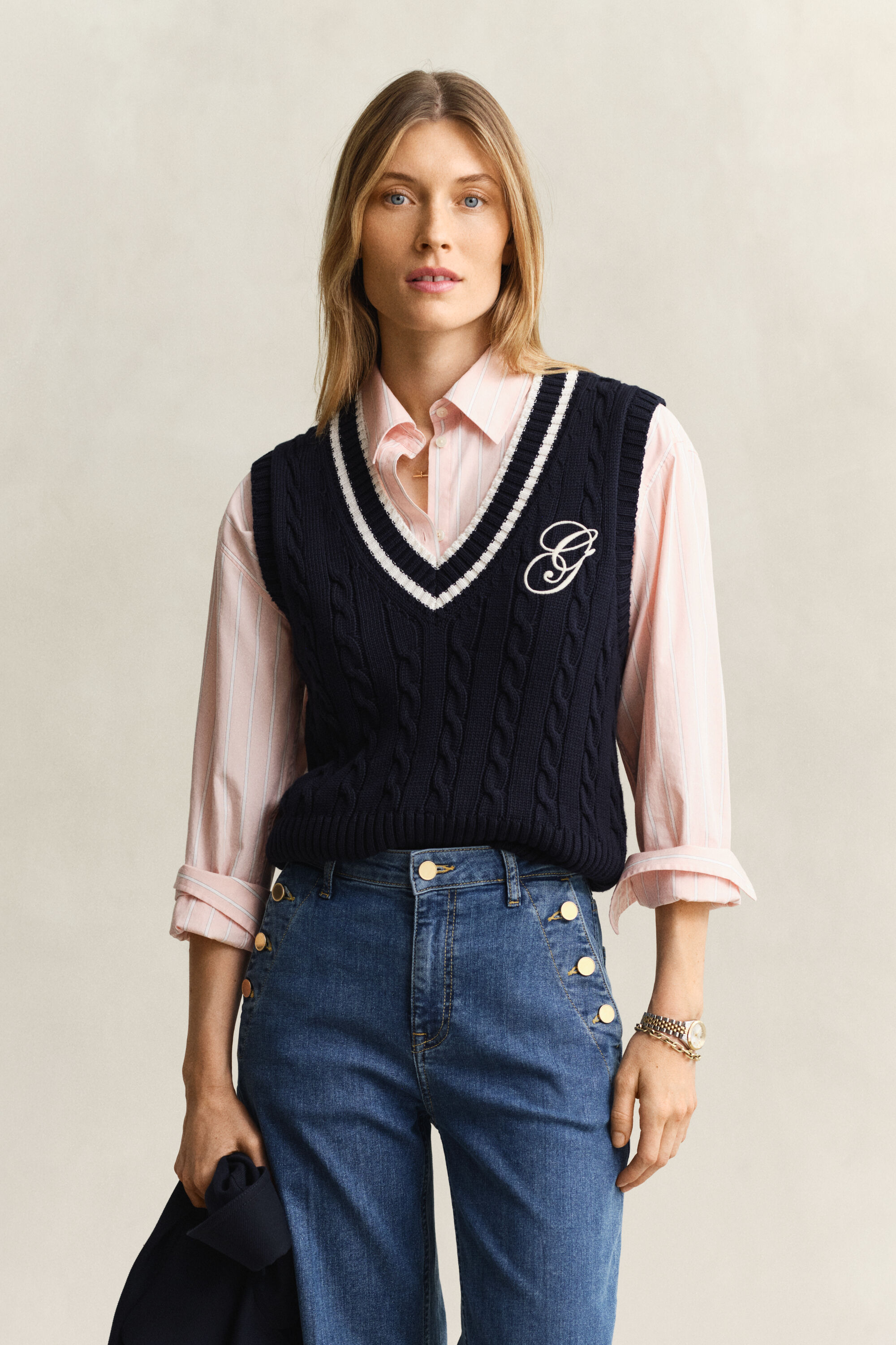 Kabelgebreide spencer van katoen