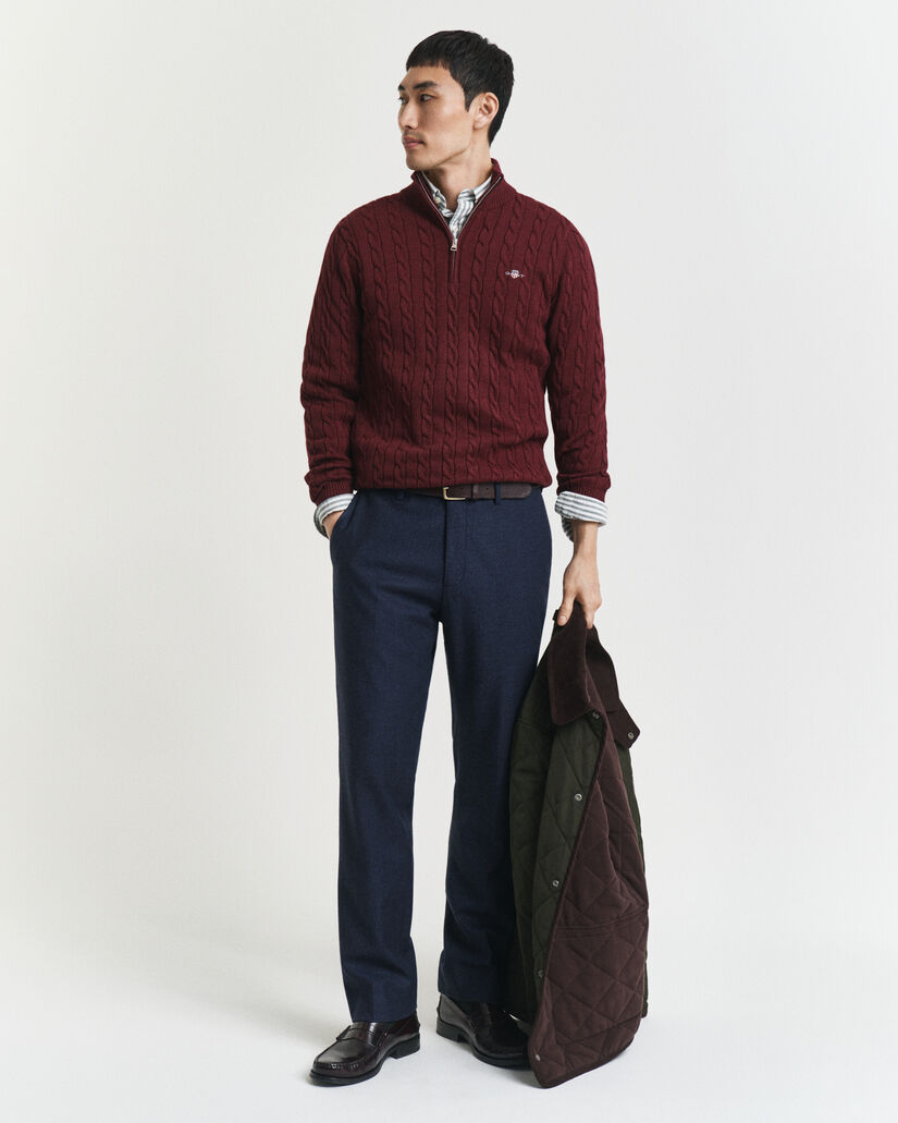 Kabelgebreide trui met korte rit van katoen