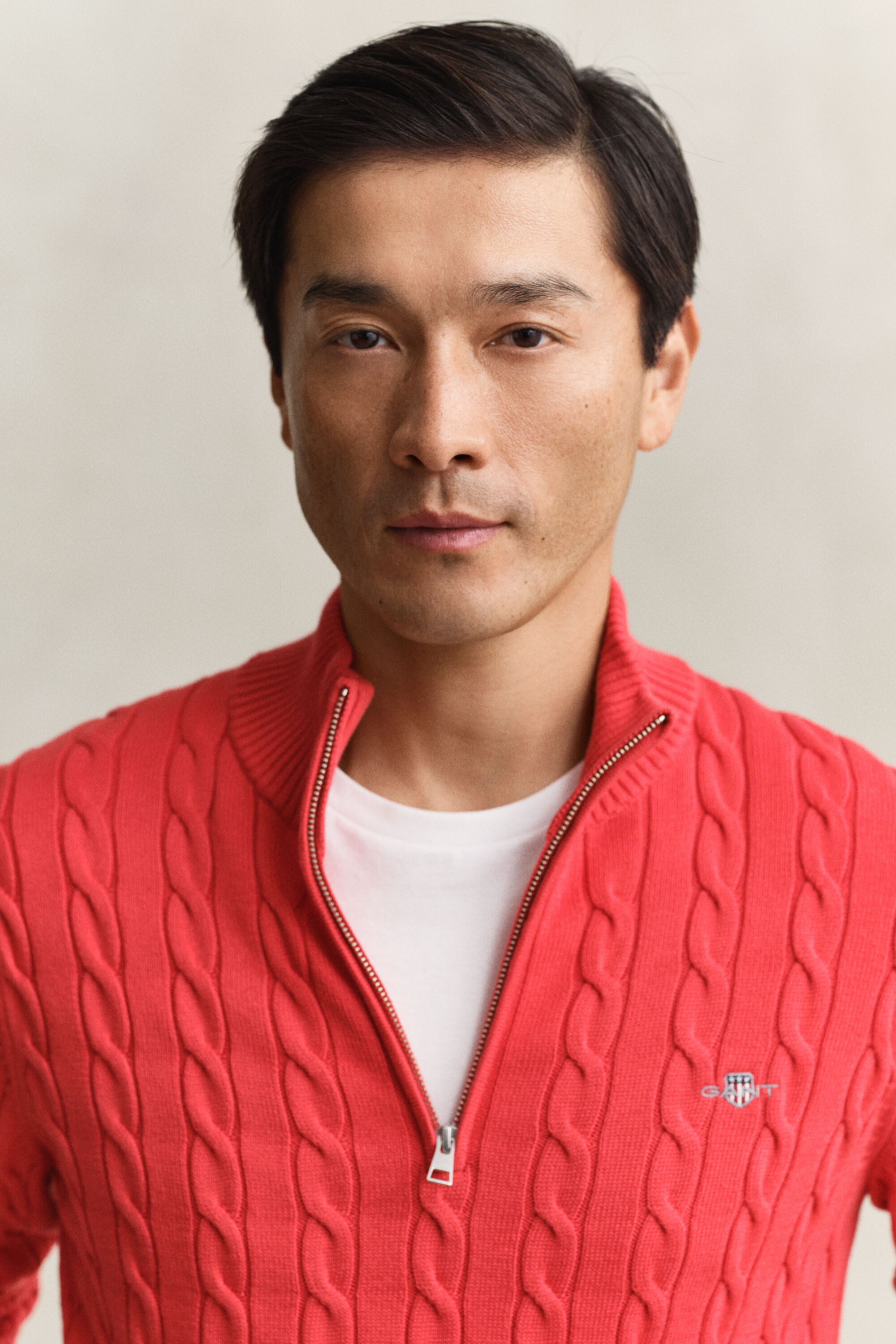 Kabelgebreide trui met korte rit van katoen