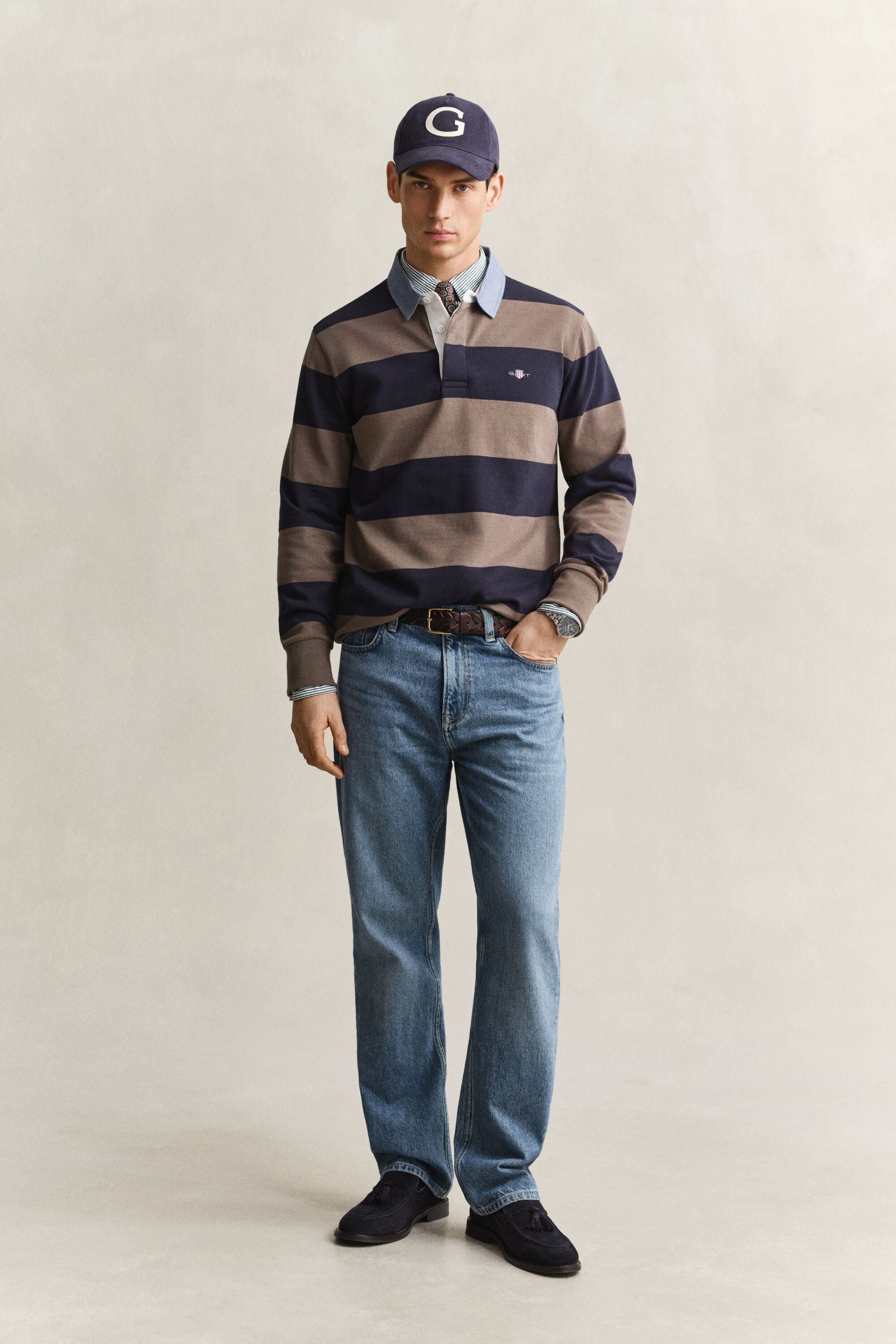 Gestreepte Heavy Rugger met chambray kraag