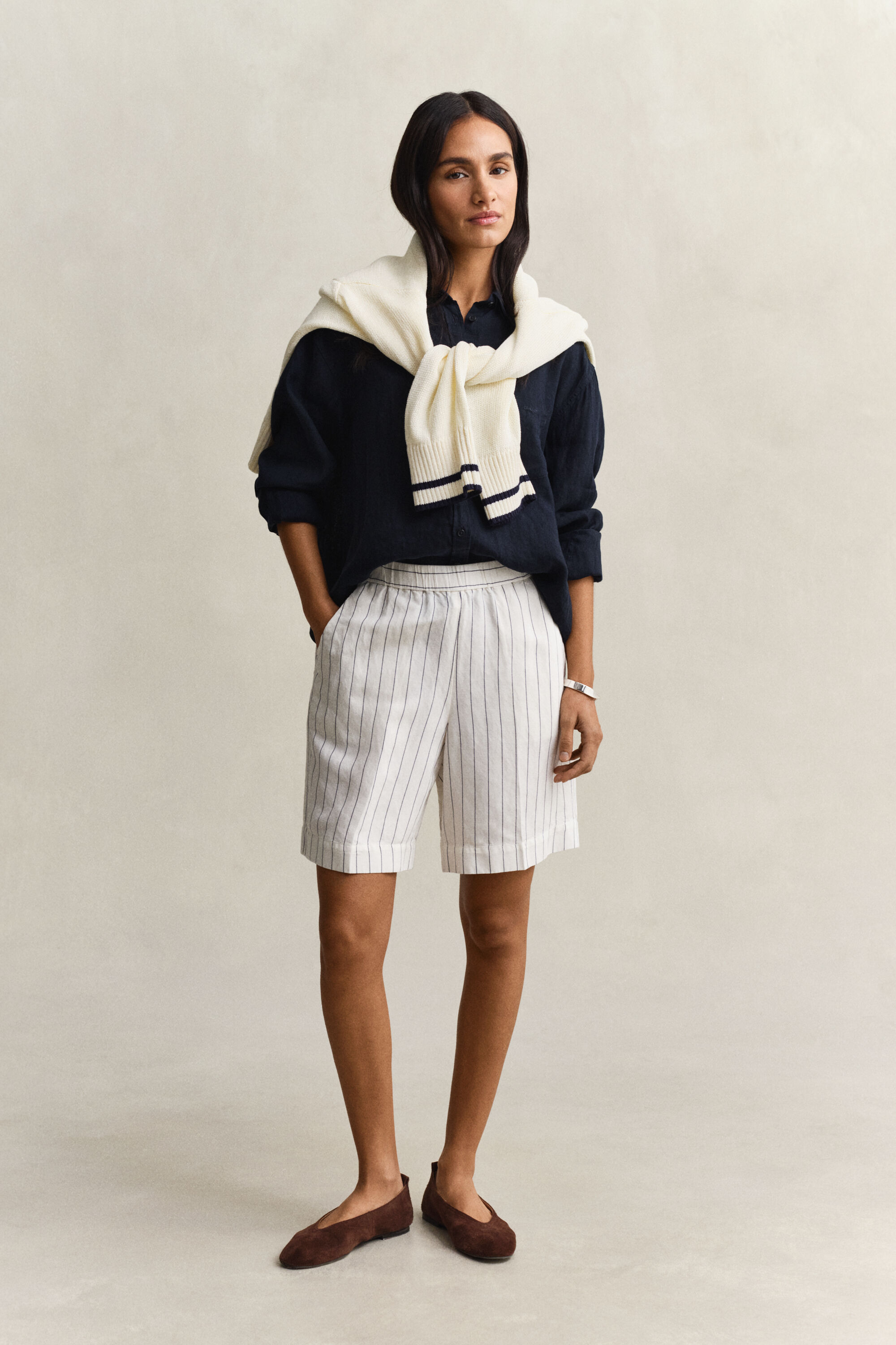 Gestreepte short van linnenmix