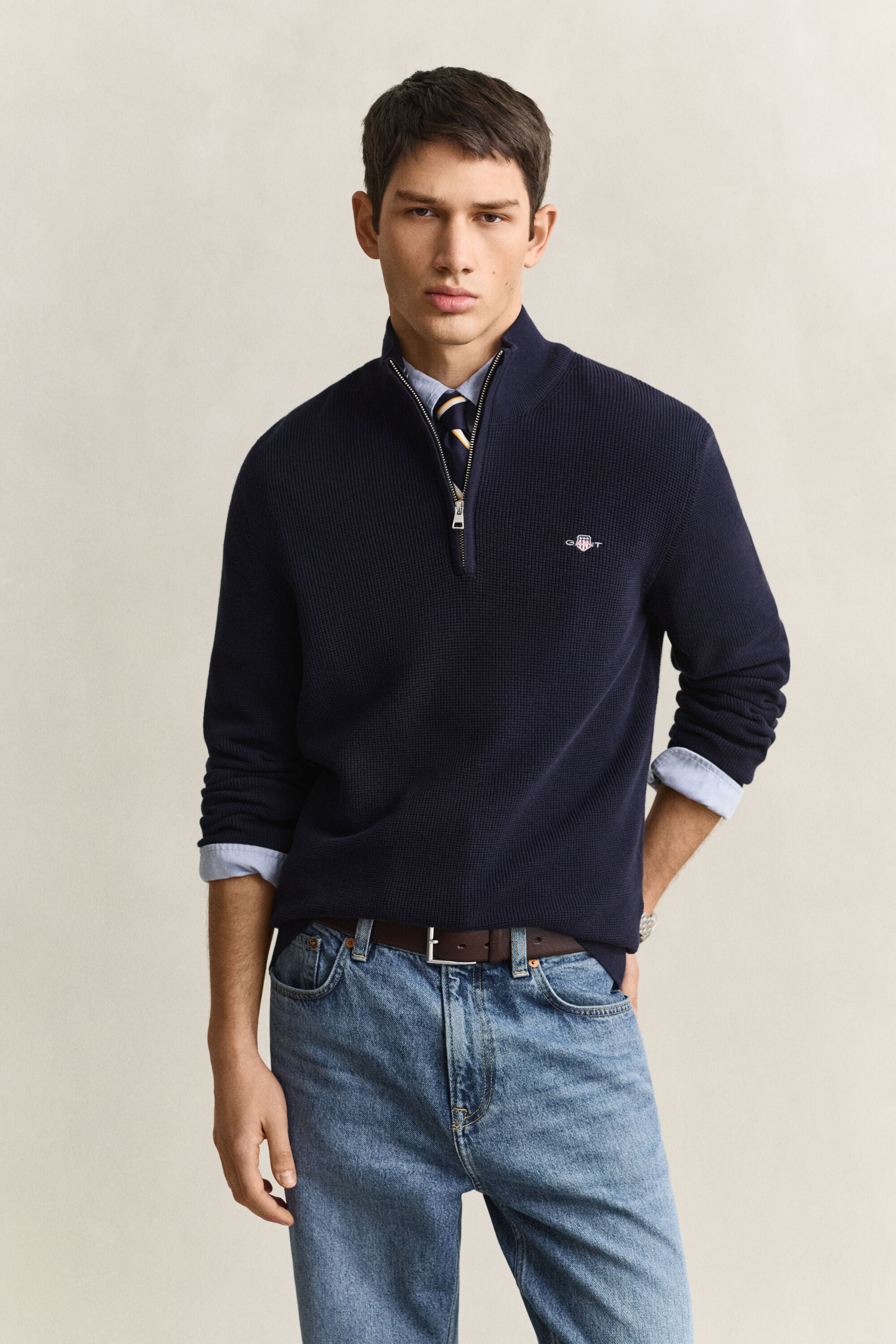 Katoenen Textured sweater met korte rits