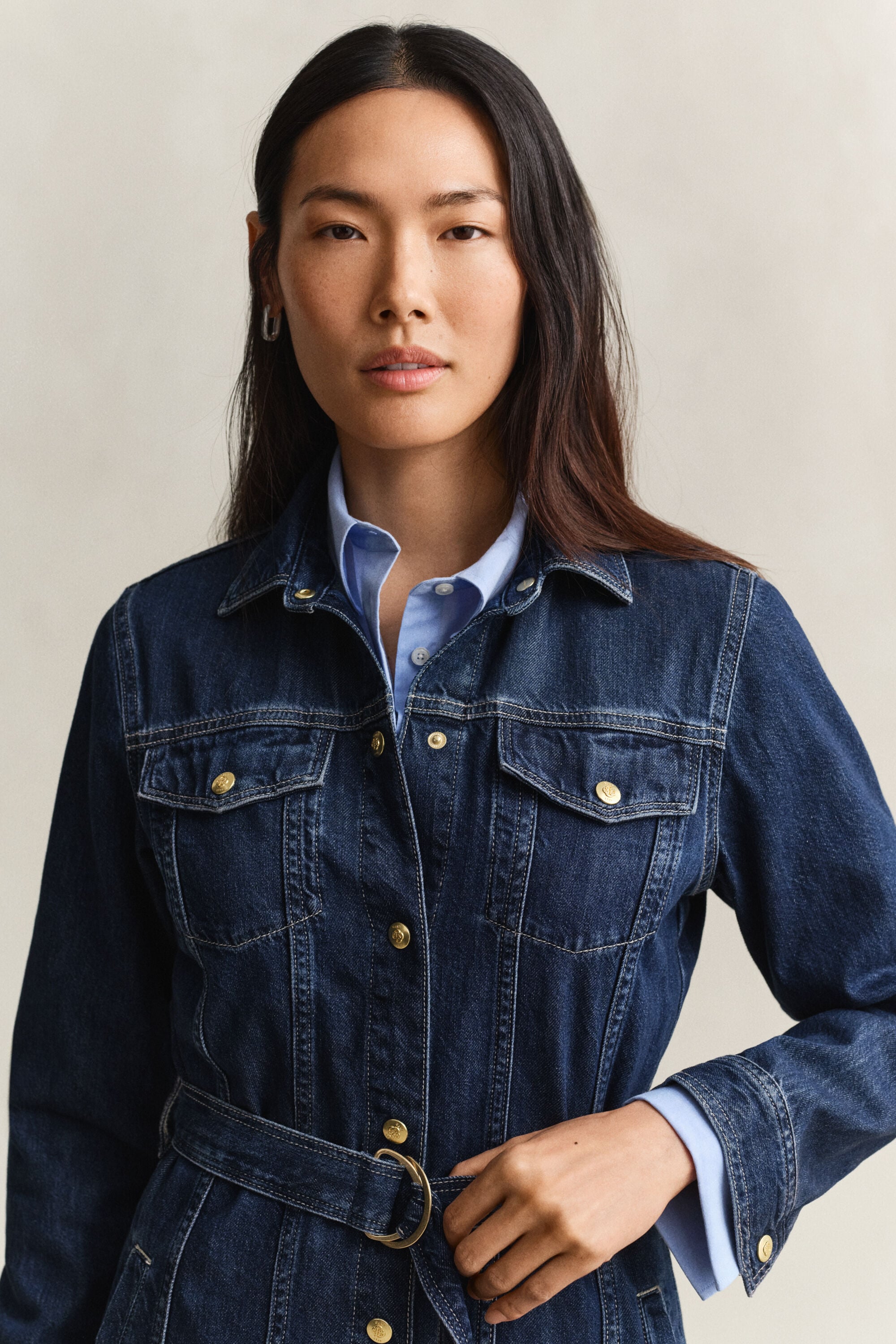 Denim midi-jurk met ceintuur