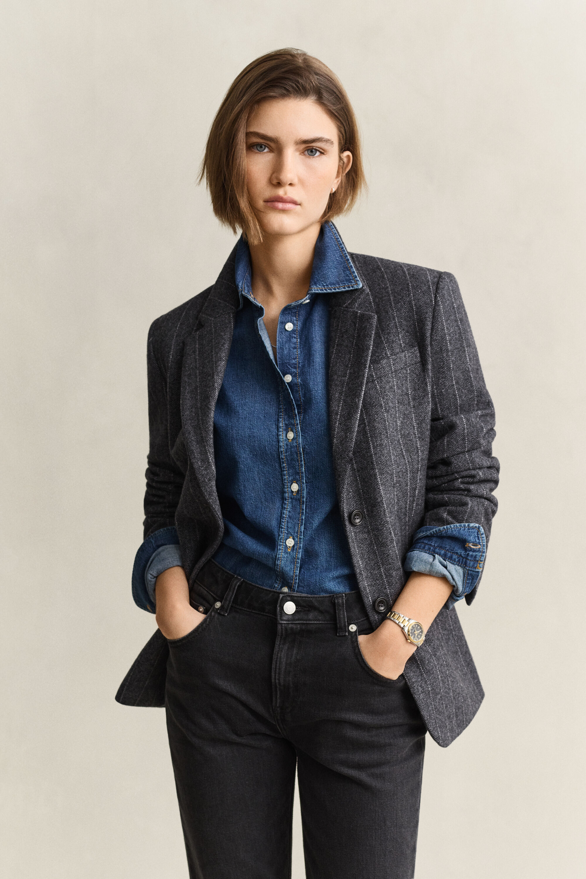 Blazer in zandlopermodel met krijtstreep