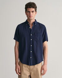 Regular Fit Textured overhemd met korte mouwen van katoen en linnen