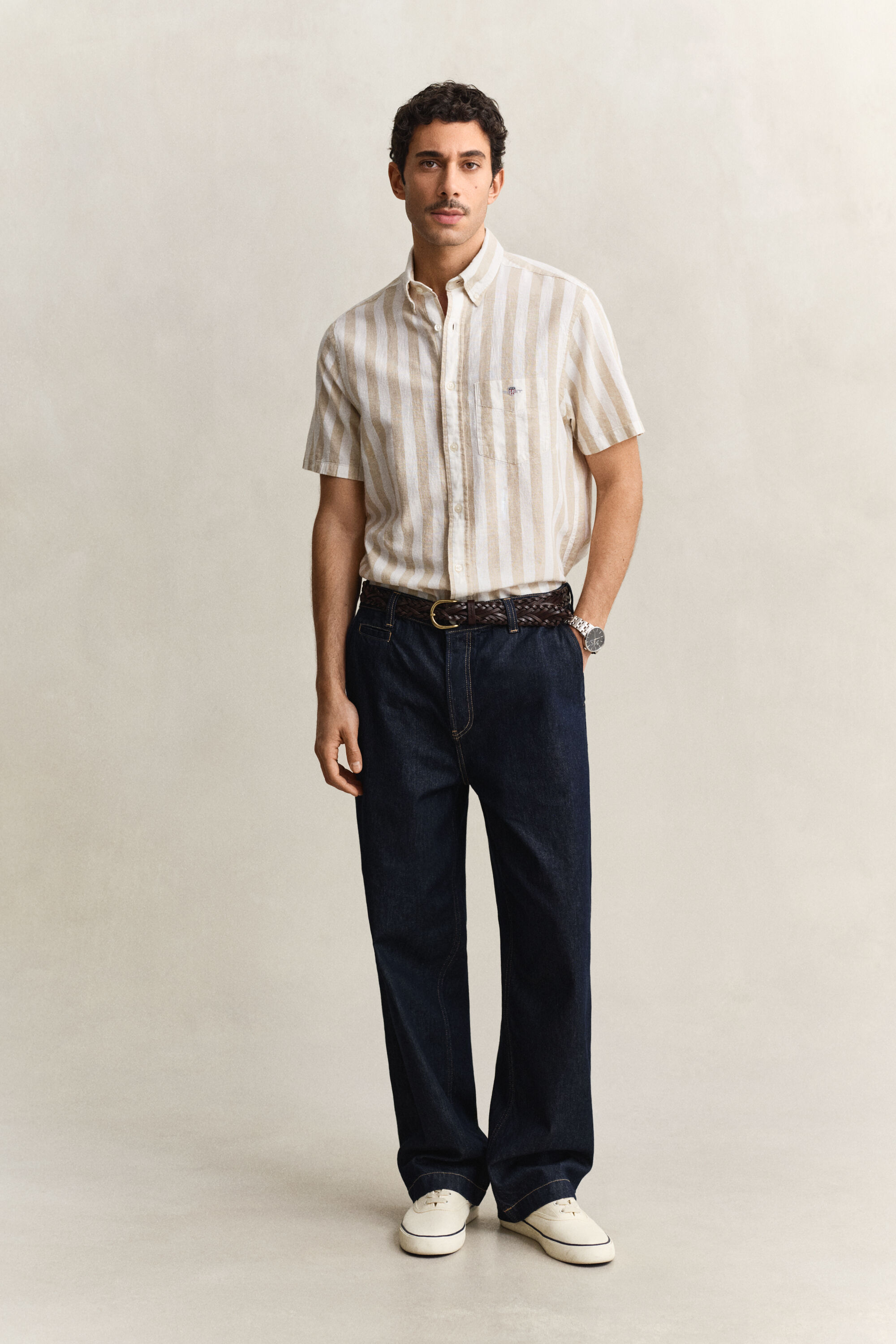 Gestreept overoverhemd met korte mouwen van linnenmix