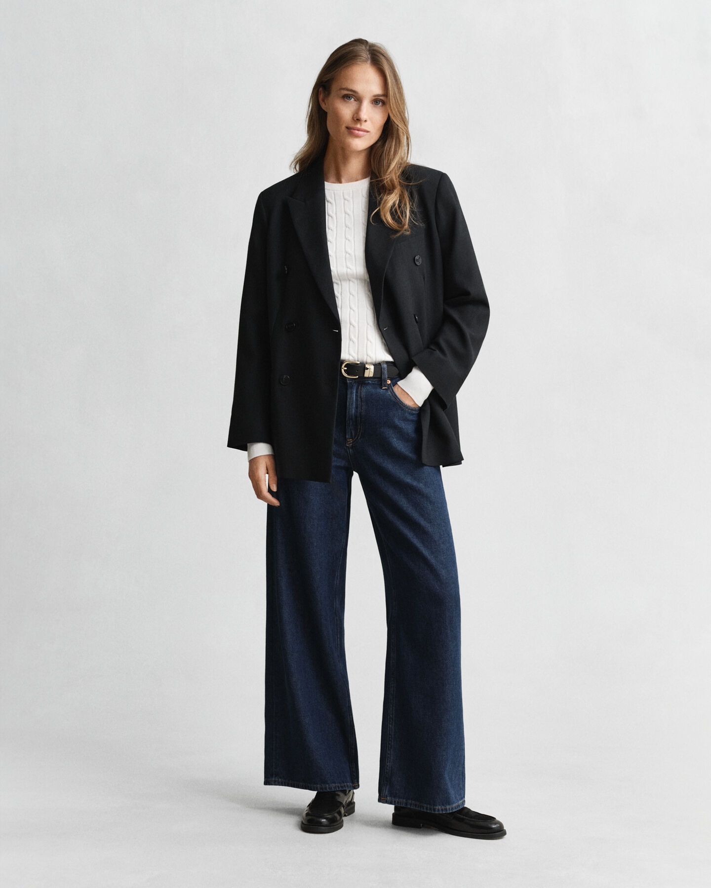 Gebreide kabeltrui met ronde hals van stretchkatoen