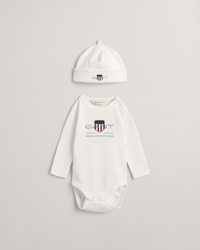 Baby Archive Shield romper & beanie
