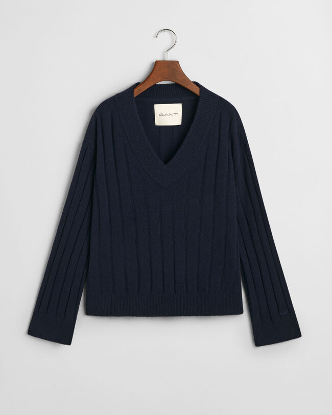 Trui met V-hals van wol met een brede rib