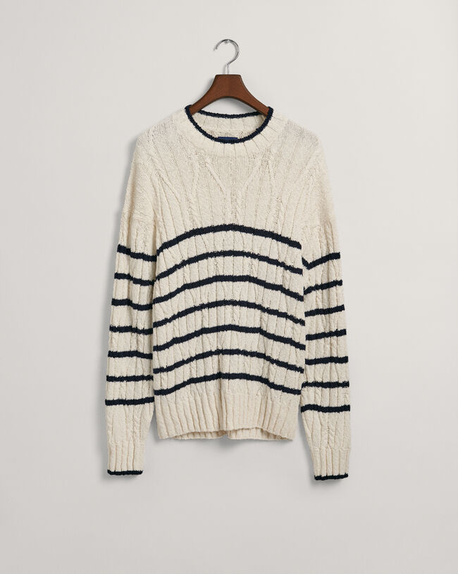 Gebreide kabeltrui met ronde hals en strepen