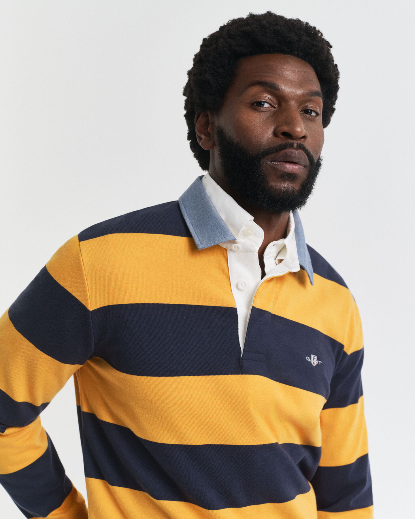 Gestreepte Heavy Rugger met chambray kraag