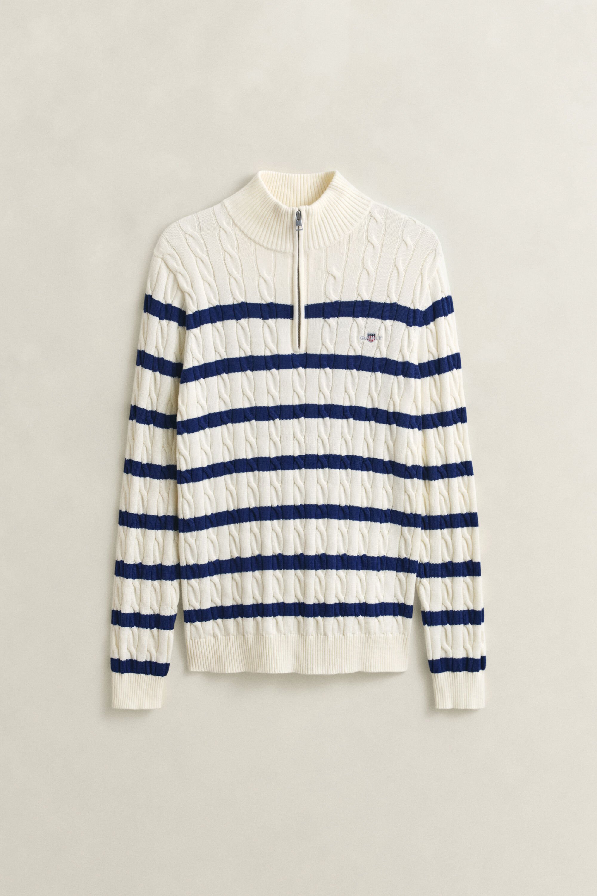 Kabelgebreide trui van katoen met korte rits en strepen