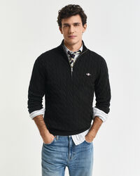 Kabelgebreide trui met korte rit van katoen