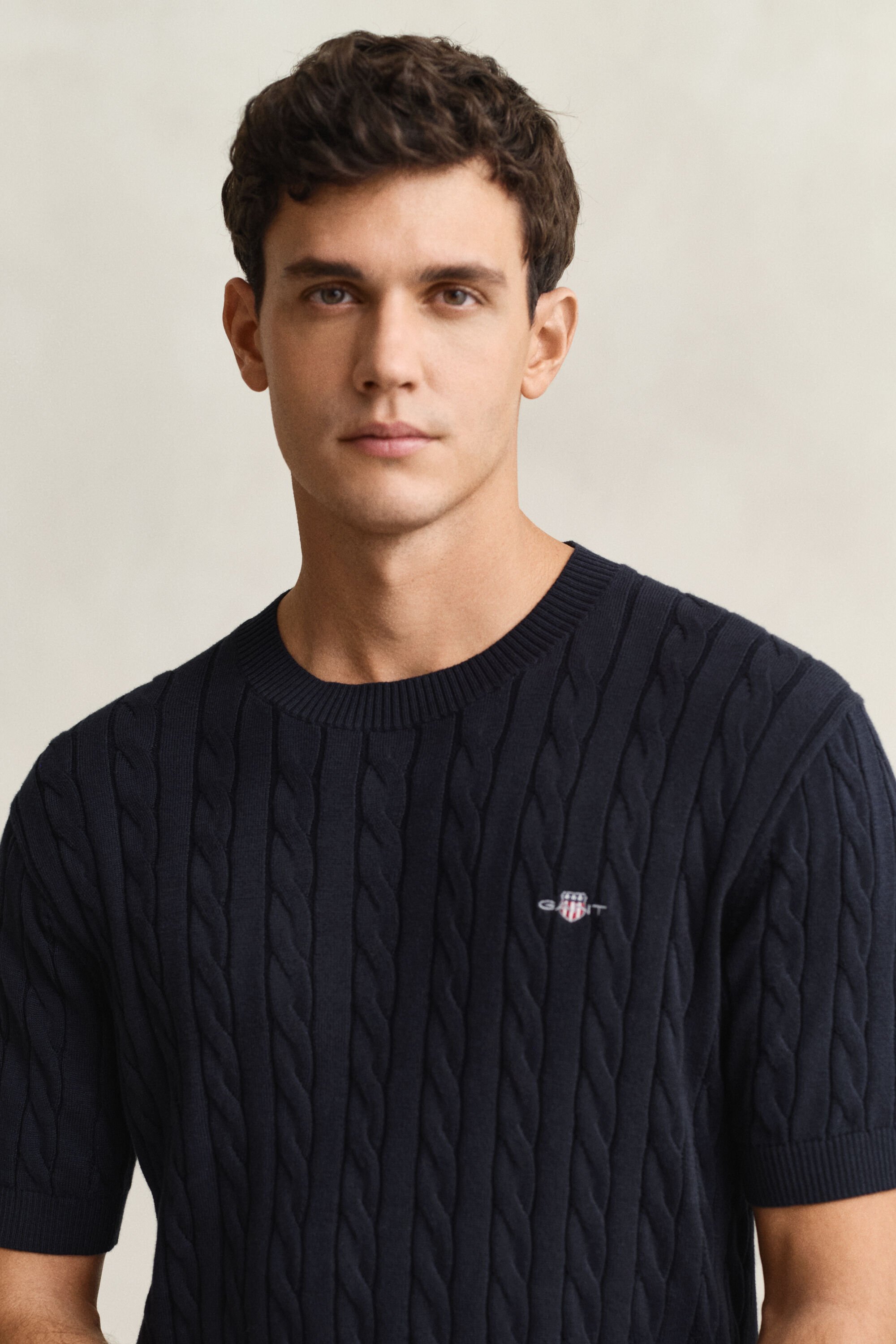 Katoenen kabeltrui met korte mouwen