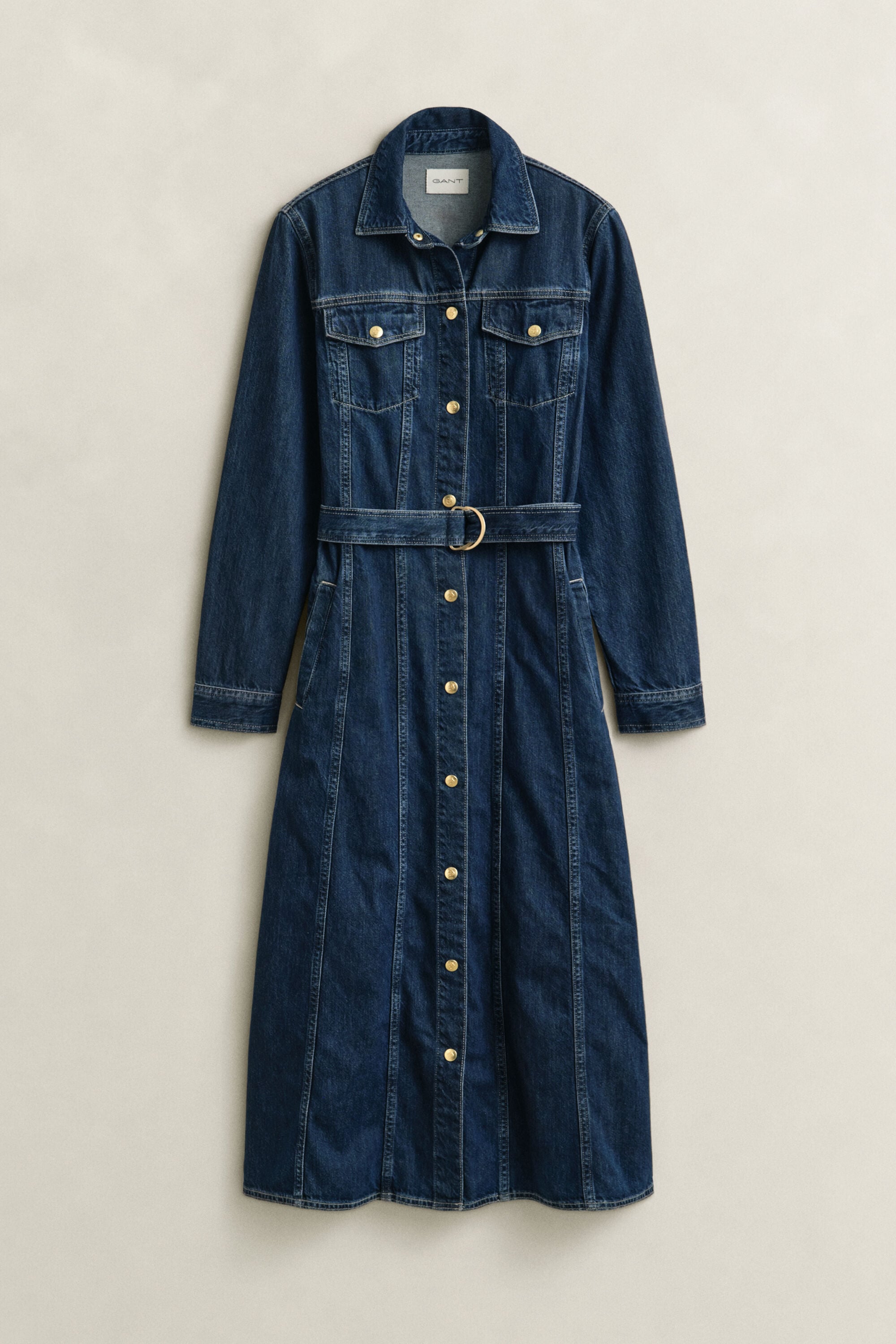 Denim midi-jurk met ceintuur