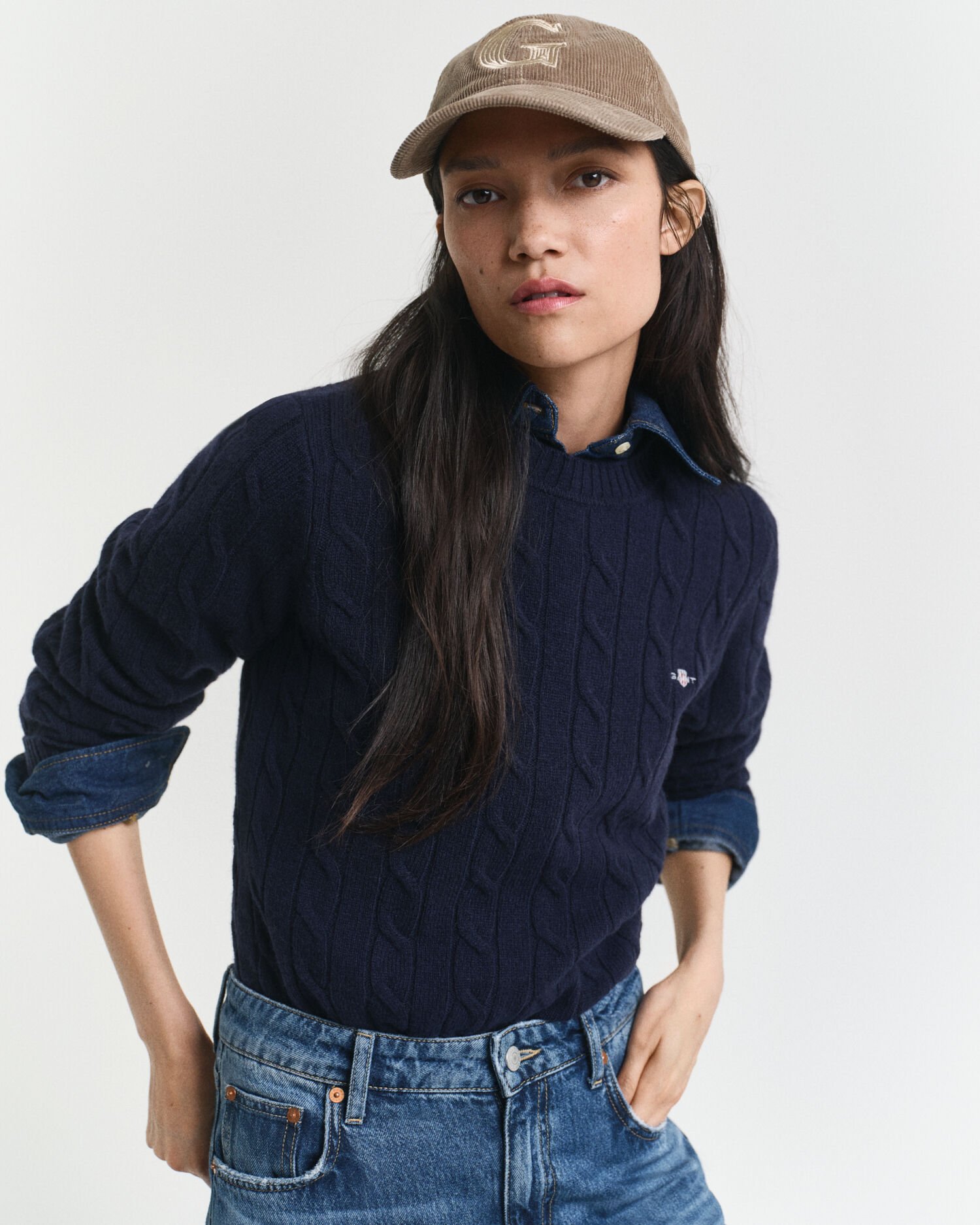 Lamswollen kabeltrui met ronde hals