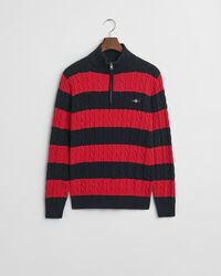 Kabelgebreide trui van katoen met korte rits en strepen