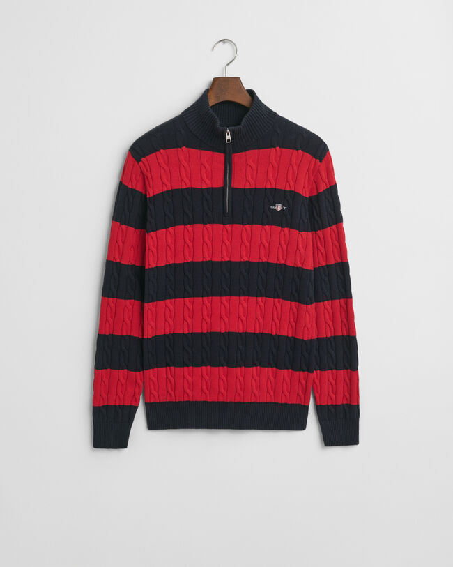 Kabelgebreide trui van katoen met korte rits en strepen