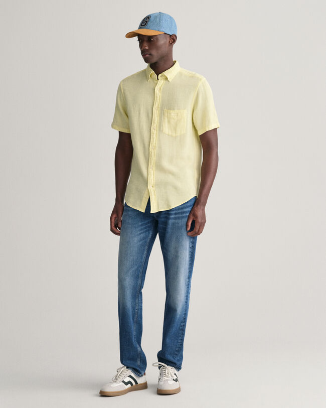 Regular Fit Textured overhemd met korte mouwen van katoen en linnen