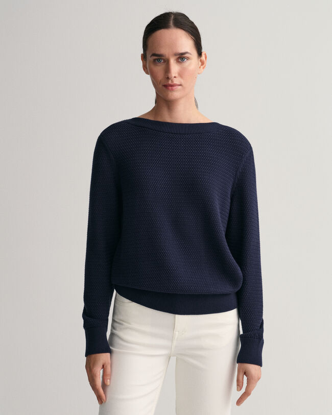 Textured sweater met boothals van katoen