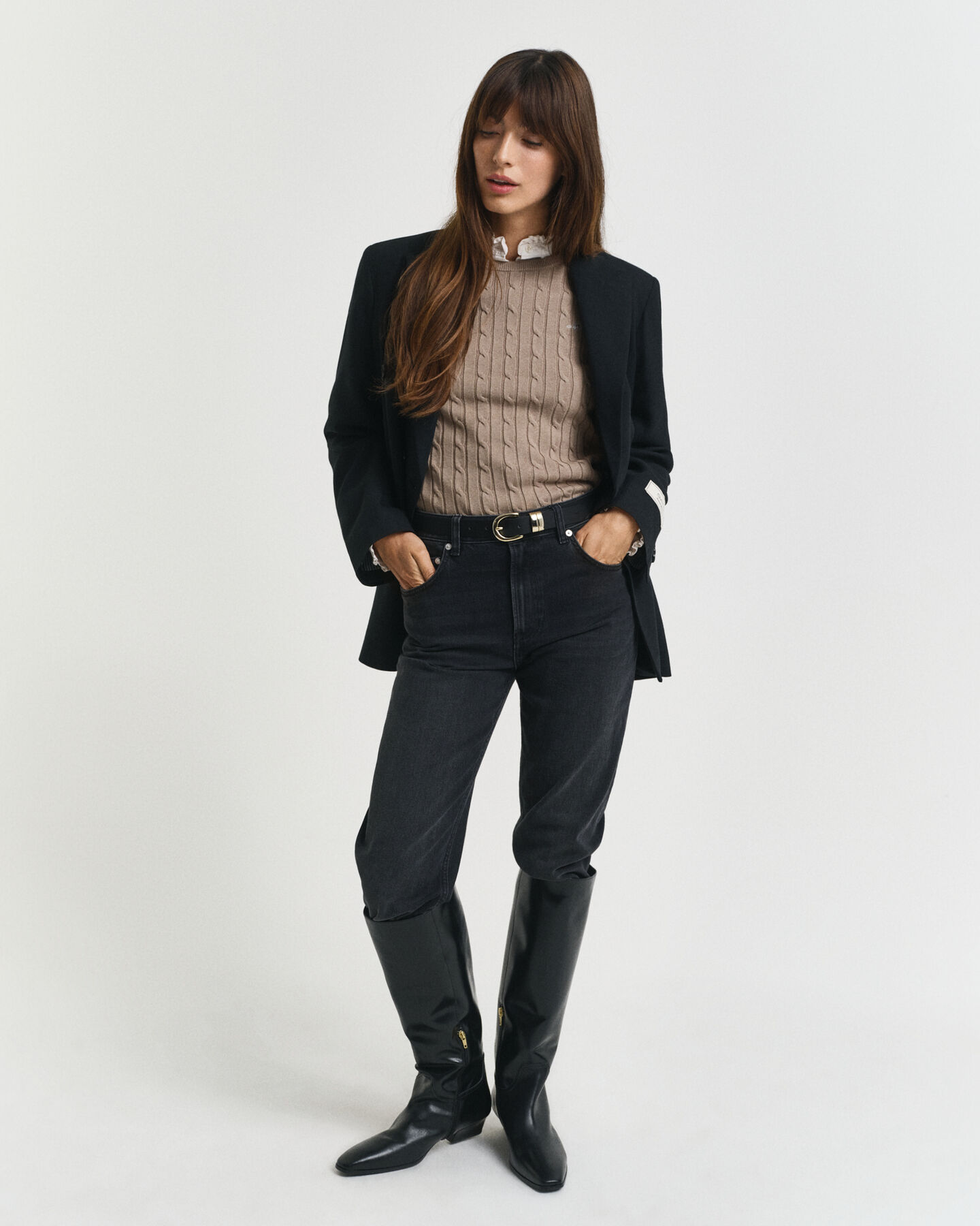 Gebreide kabeltrui met ronde hals van stretchkatoen