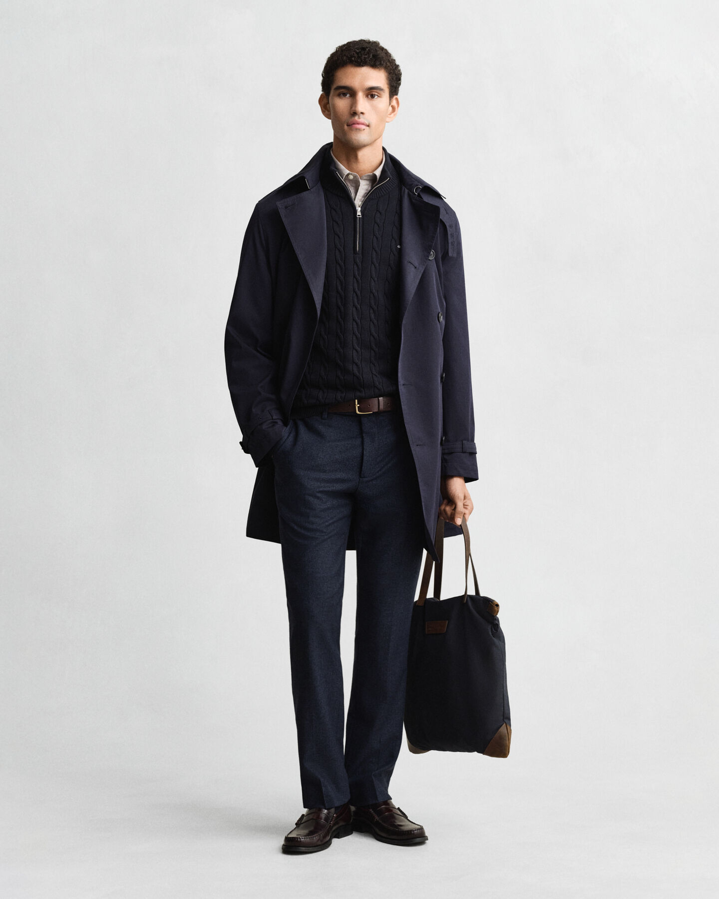 Kabelgebreide trui met korte rit van katoen