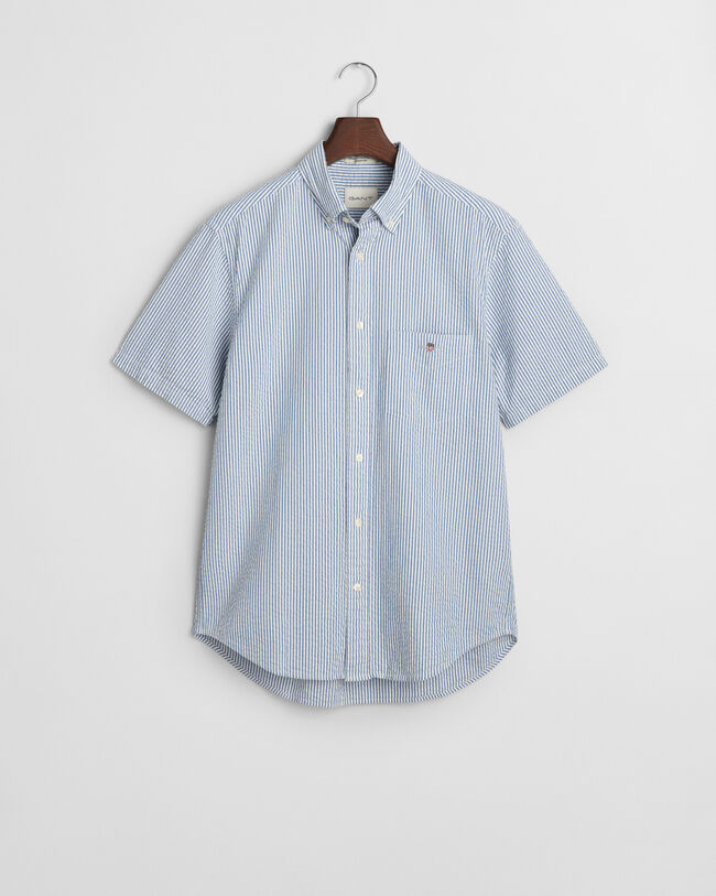Regular Fit gestreept seersucker overhemd met korte mouwen