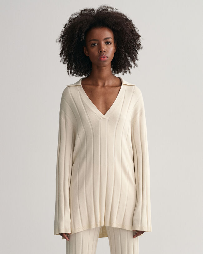 Trui met ribgebreide open kraag