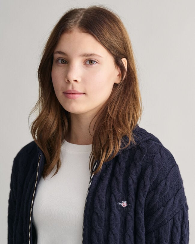 Teen Girls Shield kortere kabelgebreide hoodie met ritssluiting