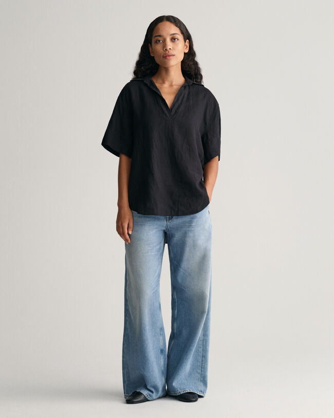Relaxed Fit linnen Popover blouse met korte mouwen