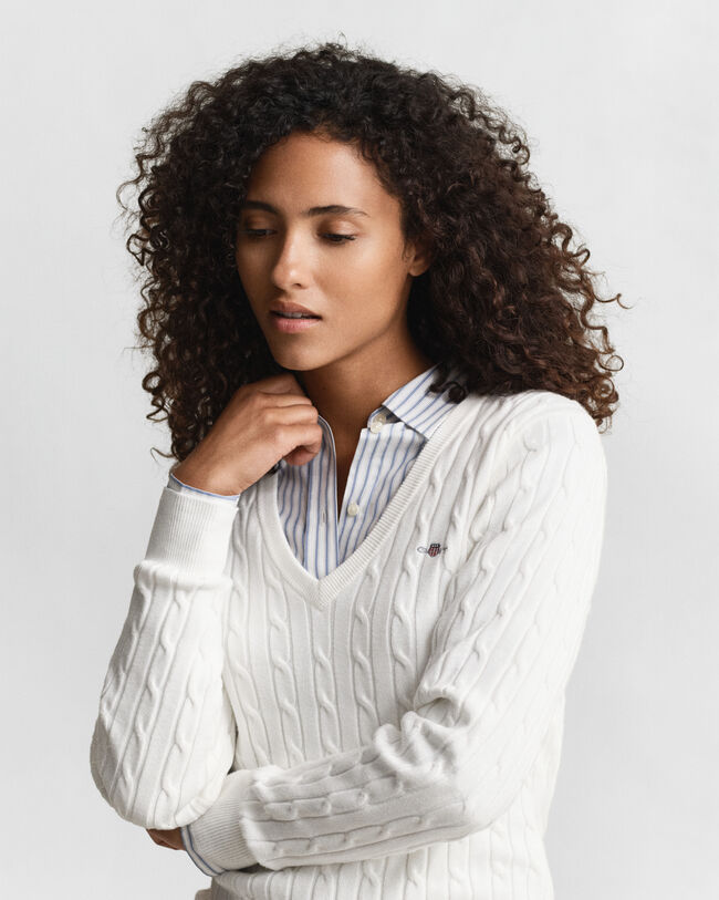 Gebreide kabeltrui met V-hals van stretchkatoen