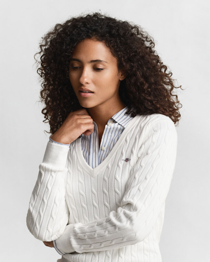 Gebreide kabeltrui met V-hals van stretchkatoen