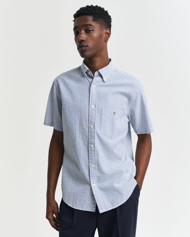 Regular Fit gestreept seersucker overhemd met korte mouwen