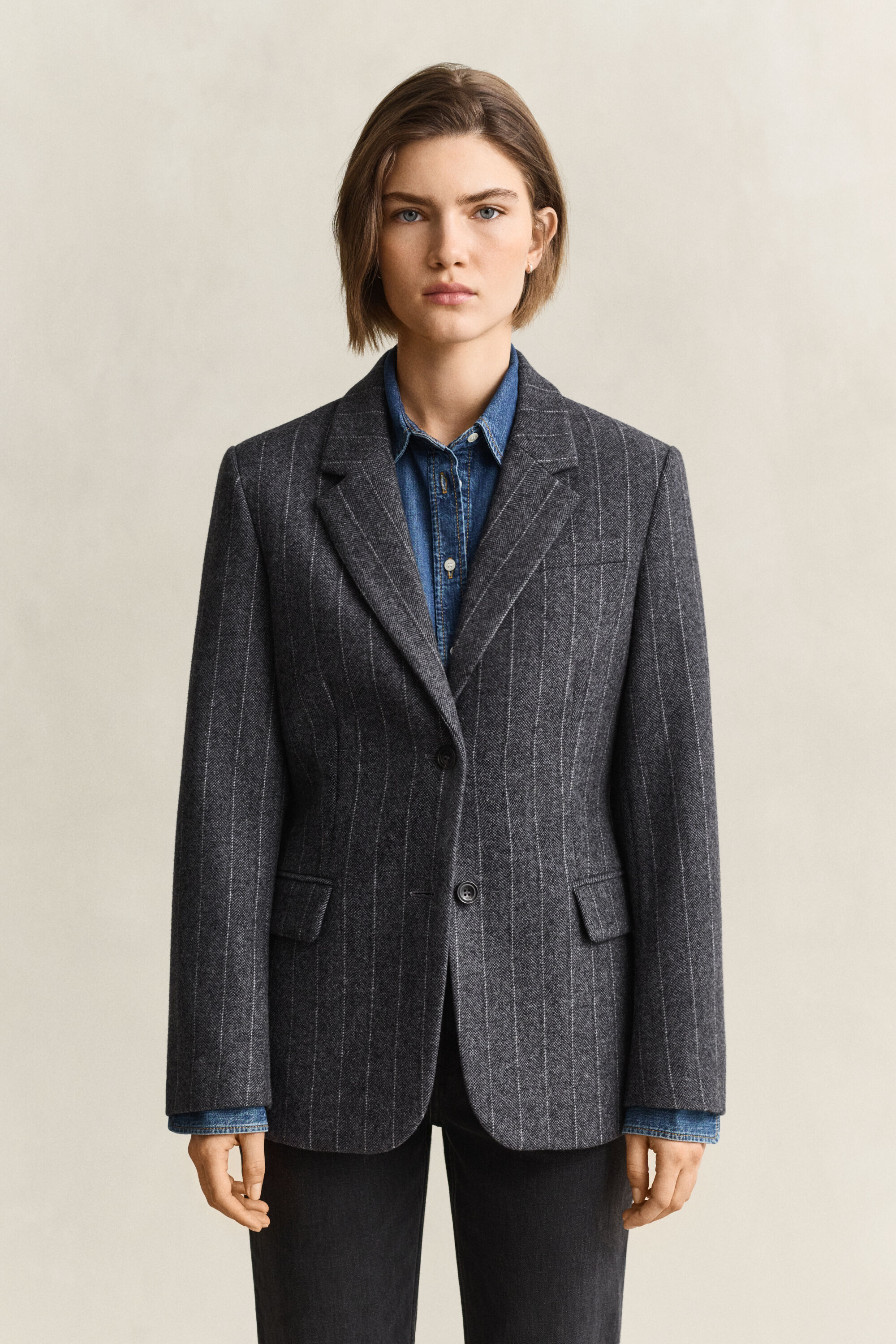 Blazer in zandlopermodel met krijtstreep