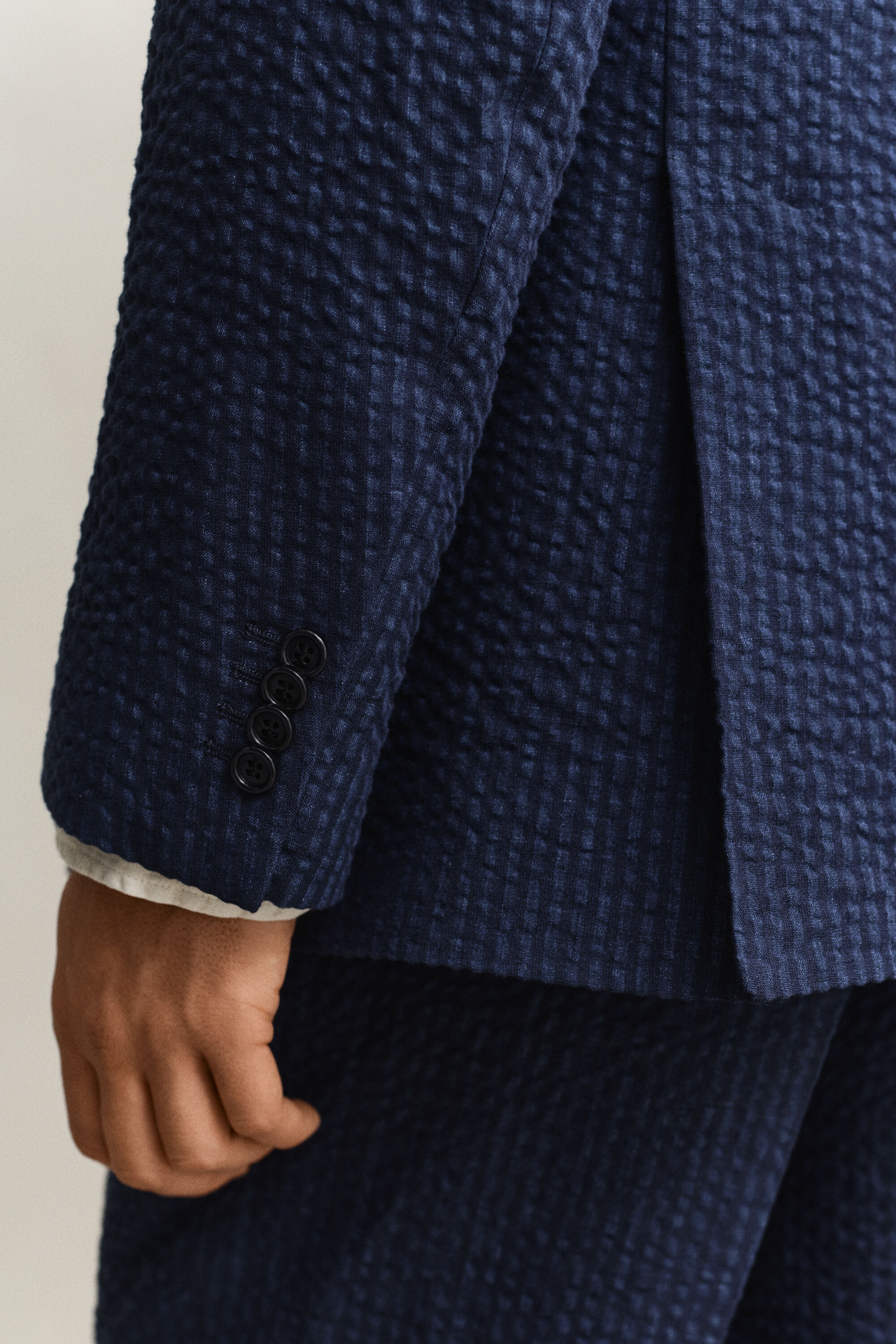 Indigoblauw seersucker kostuumjasje
