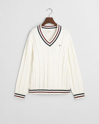 Teens kabelgebreide trui met V-hals en strepen