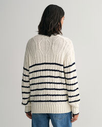 Gebreide kabeltrui met ronde hals en strepen