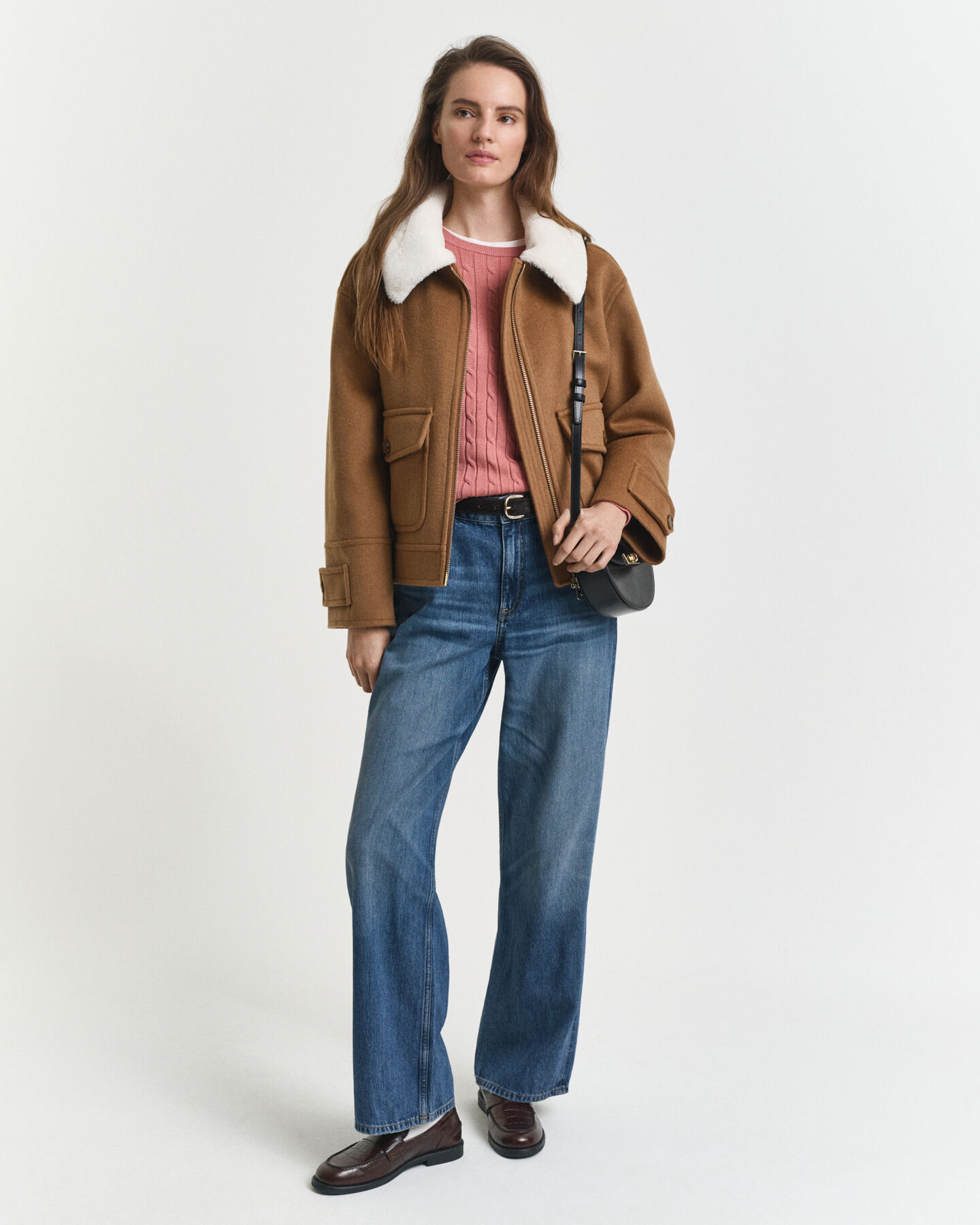 Gebreide kabeltrui met ronde hals van stretchkatoen